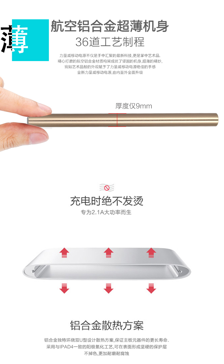 力量威超薄移動電源聚合物品牌安全鋁合金充電寶
